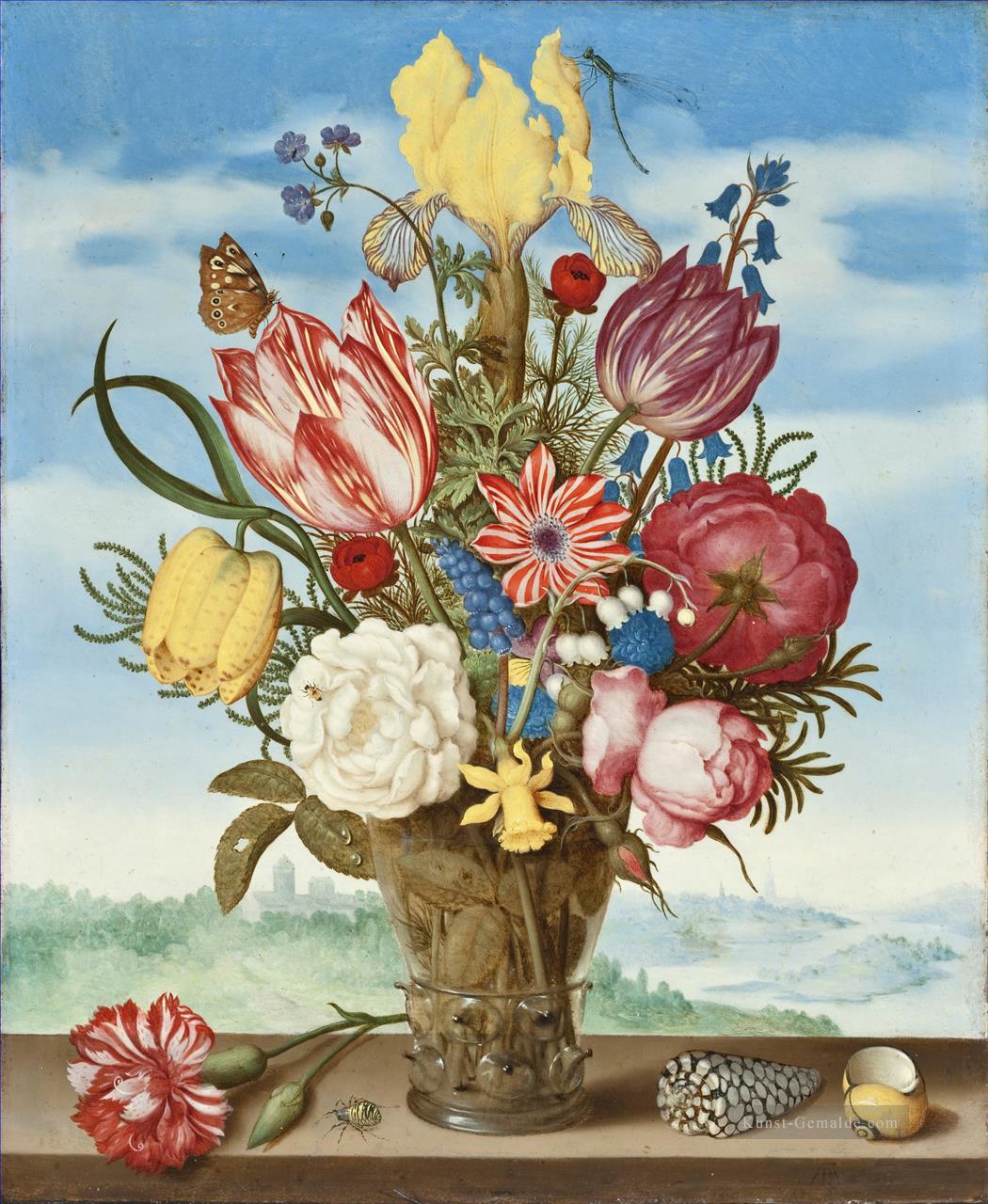 Blumenstrauß aus Blumen auf einer Leiste Sky Ambrosius Bosschaert Ölgemälde